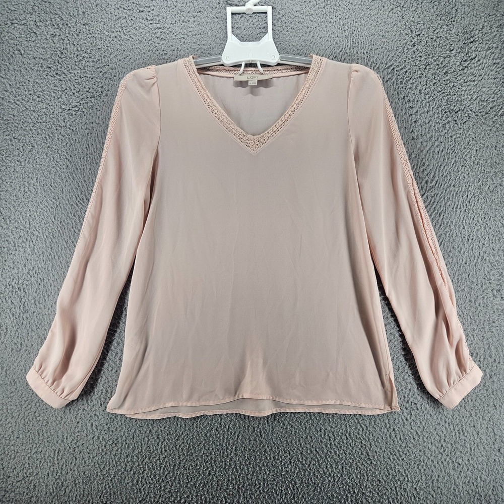 Loft Top Blouse Size XS V Neck‎ Lace Trim Light Pink  - XS